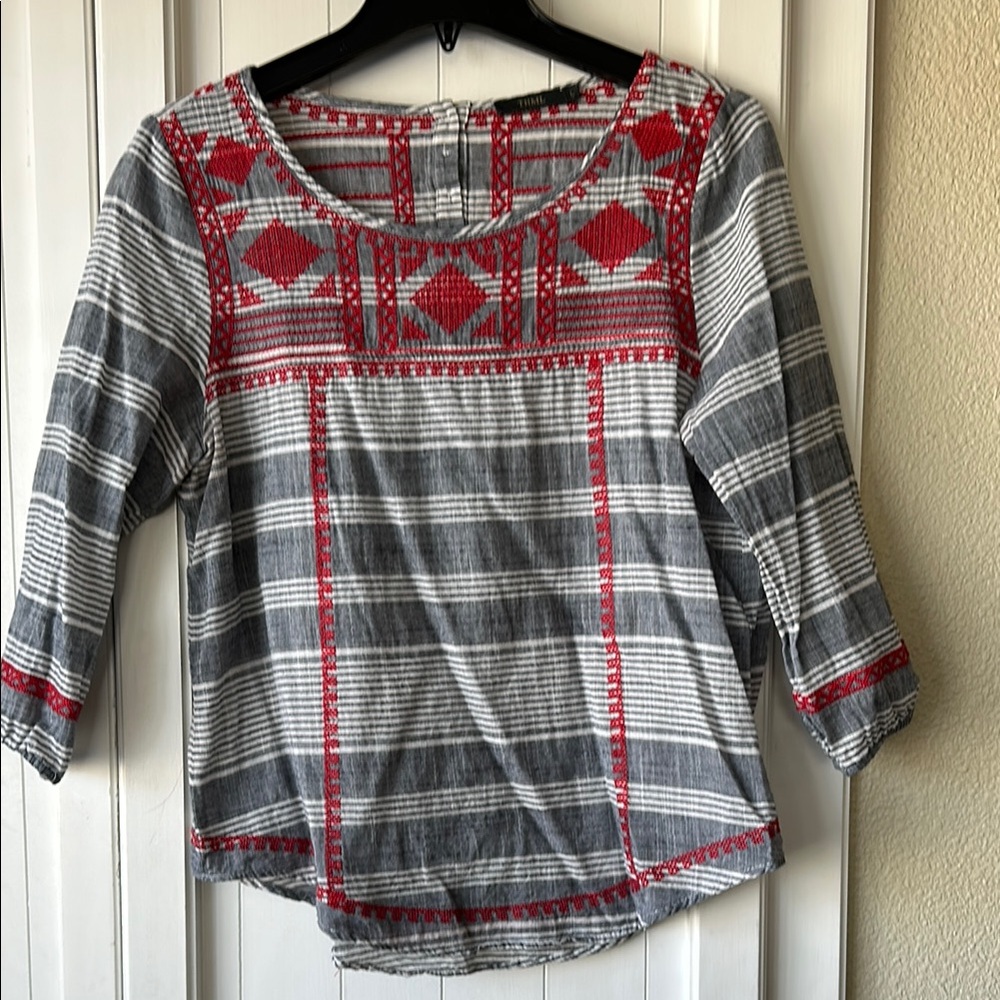 THML Gray and Red Embroidered Women's Top